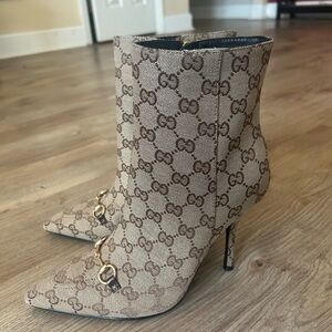 GG Canvas Pointed Ankle Boots with Gold Horsebit